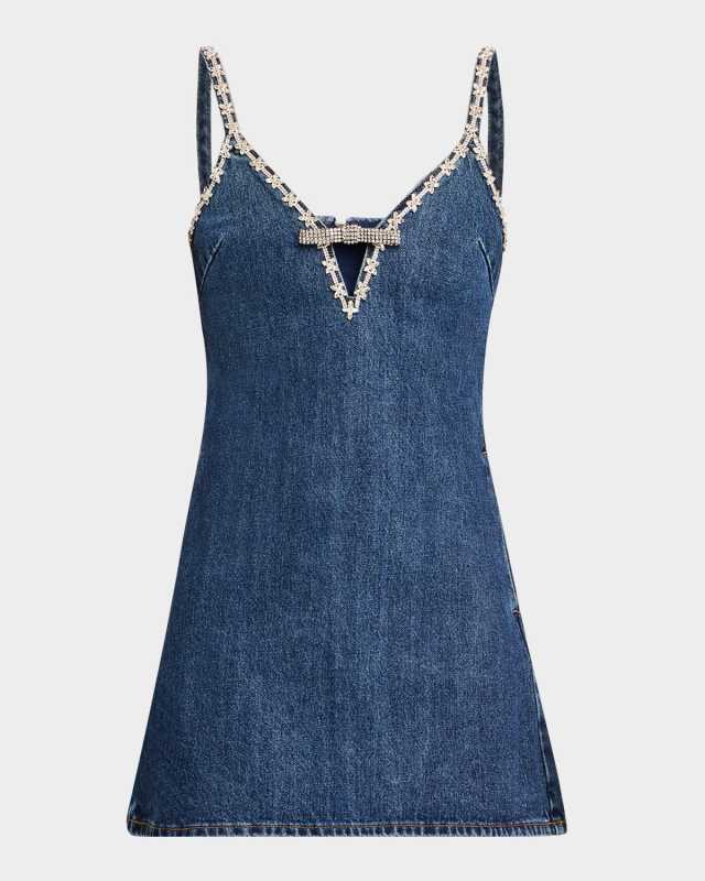 Embellished Denim Strappy Mini Dress